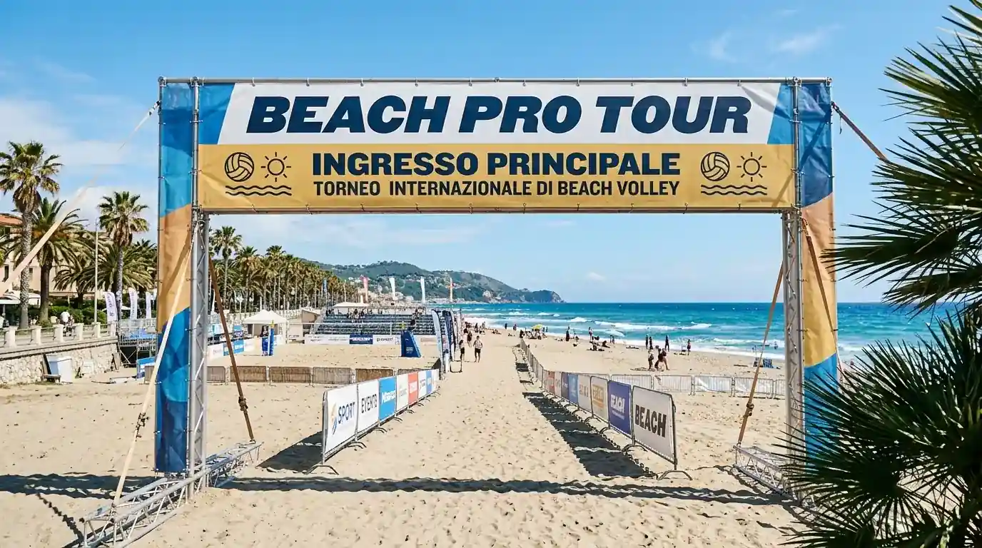 Insegna di apertura di una tappa Beach Pro Tour con logo Volleyball World