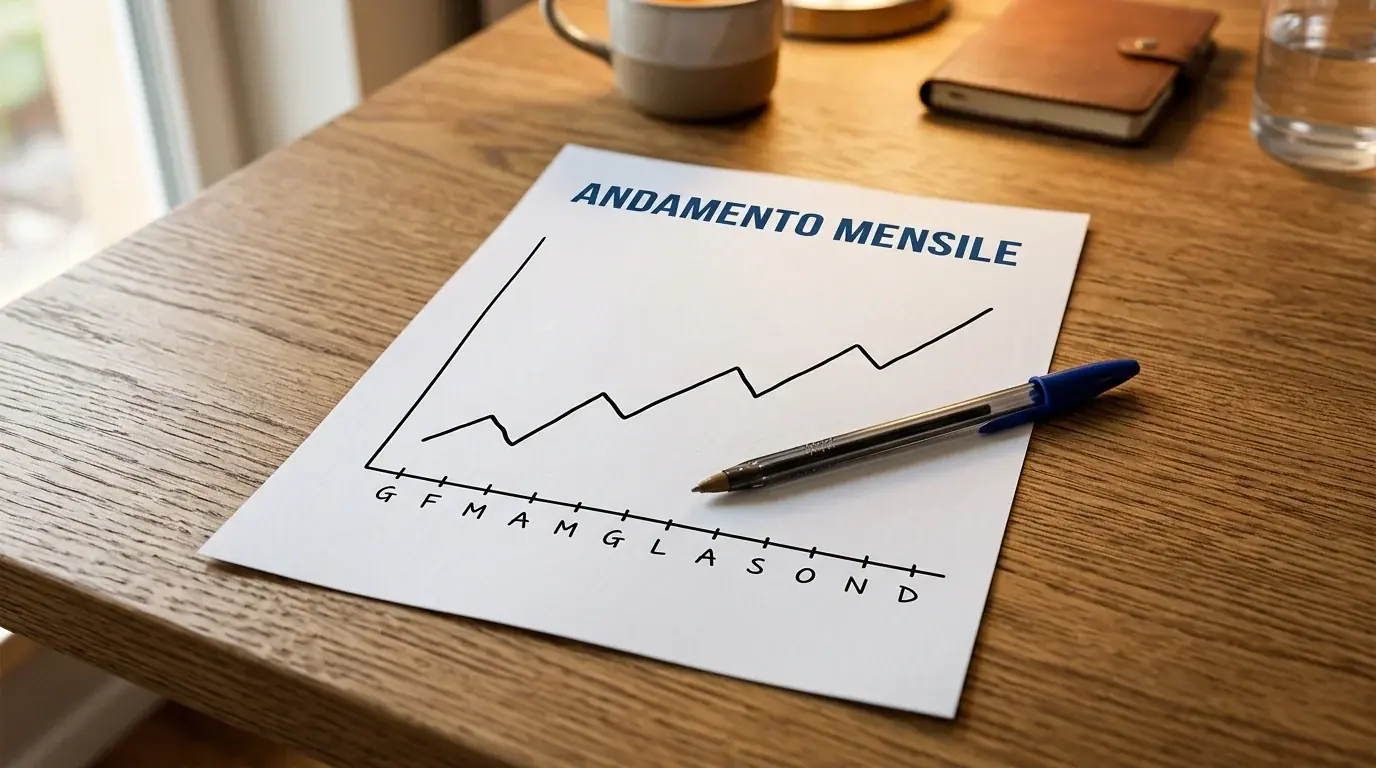 Documento di tracciamento bankroll con grafico lineare di andamento mensile