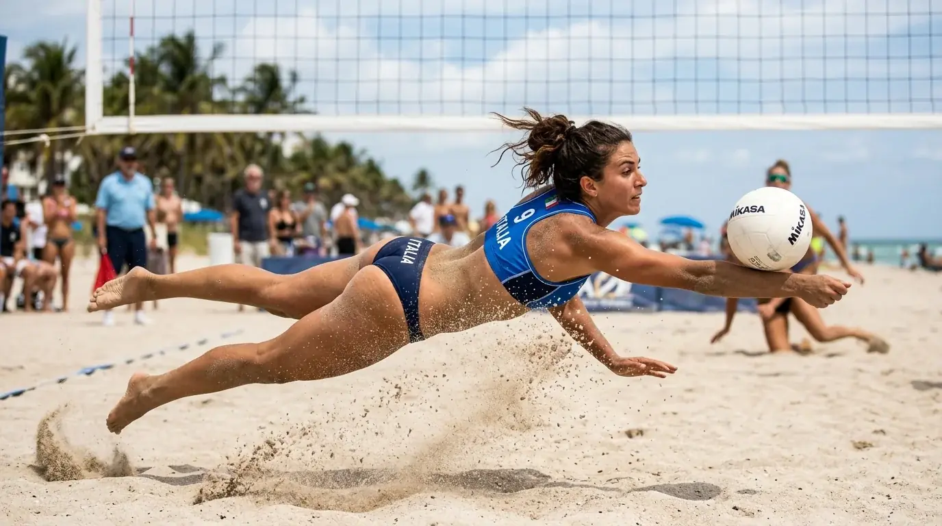 Difesa in tuffo su sabbia durante un rally lungo di beach volley