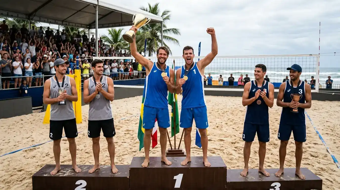 Podio Beach Pro Tour Elite16 con coppia vincitrice e trofeo del torneo