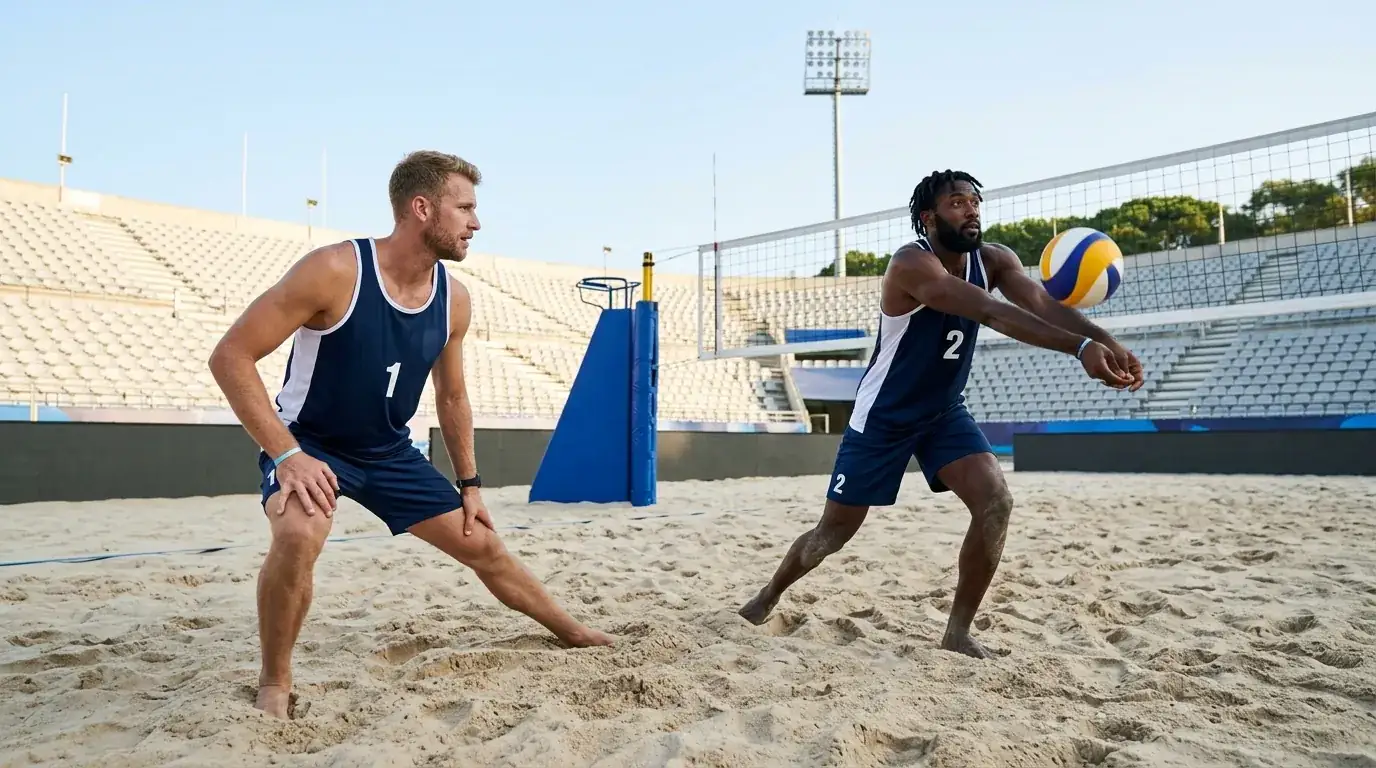 Coppia favorita di beach volley in fase di riscaldamento prima del match