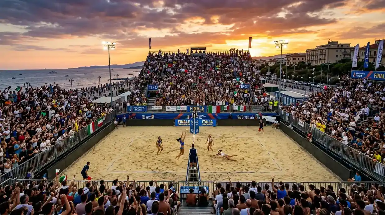 Stadio gremito durante una finale Beach Pro Tour di alto livello