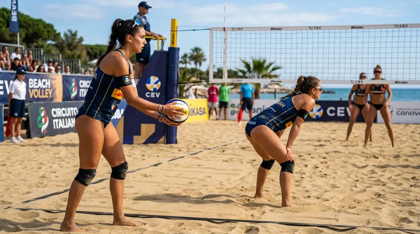 Coppia di beach volley pronta alla battuta di apertura del primo set