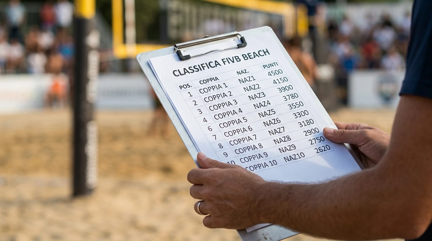 Stampa cartacea di una classifica FIVB con posizioni delle coppie di beach volley