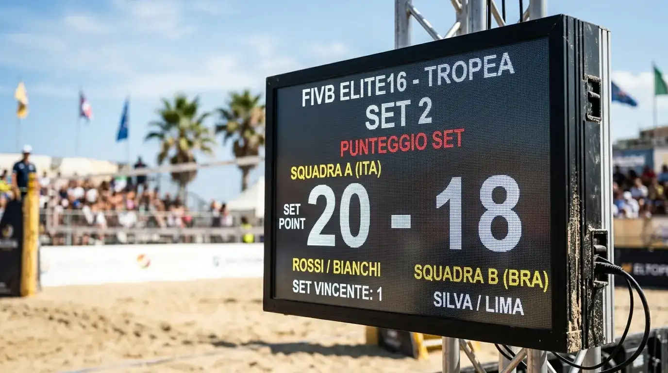 Tabellone con punteggio sul set point durante una partita Elite16 di beach volley