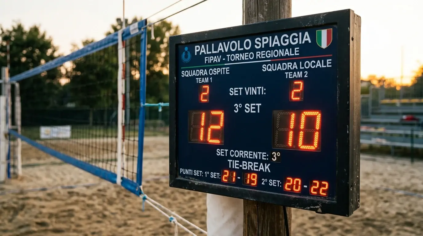 Tabellone elettronico durante un tie-break del terzo set di beach volley
