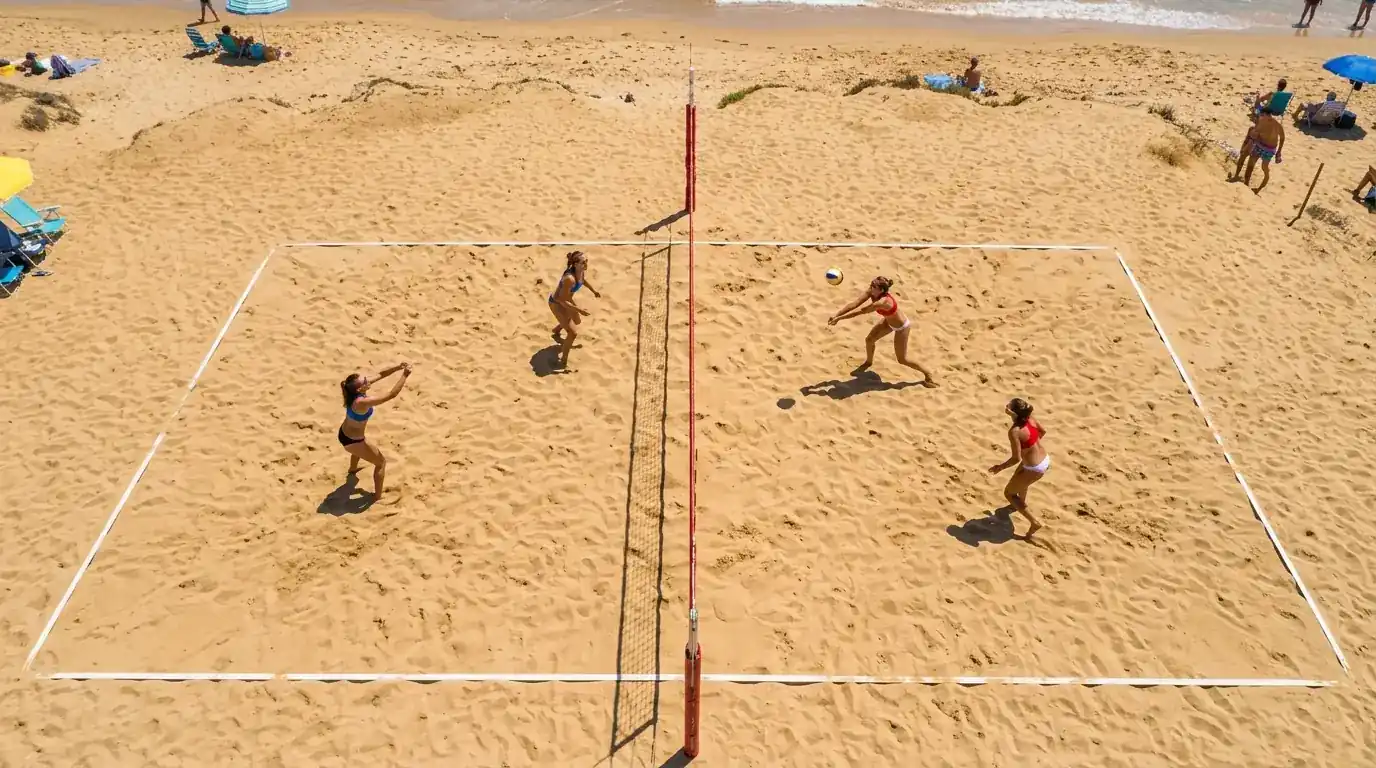 Formazione due contro due in campo di beach volley con rete e linee di battuta