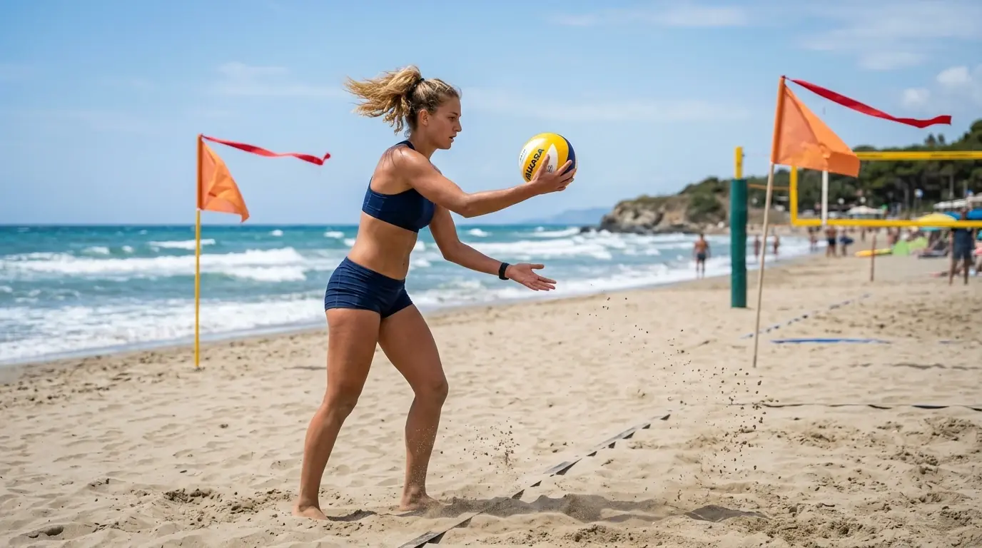 Servizio in battuta con bandiere mosse dal vento sul campo di beach volley