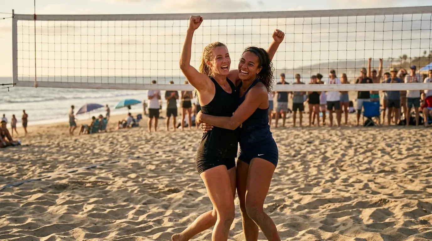 Coppia femminile di beach volley esulta dopo la vittoria di un set decisivo