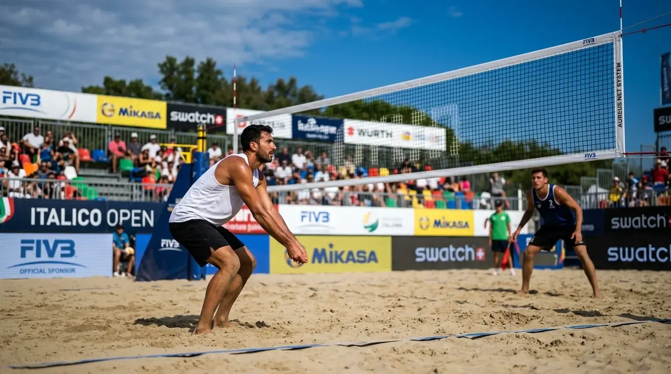 Due atleti di beach volley si preparano a iniziare un set su un campo ufficiale FIVB