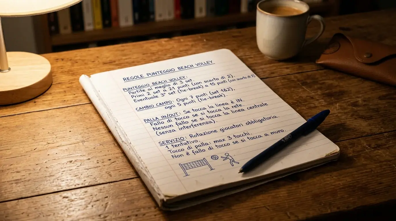 Bloc-notes con appunti manoscritti sui numeri chiave del regolamento beach volley