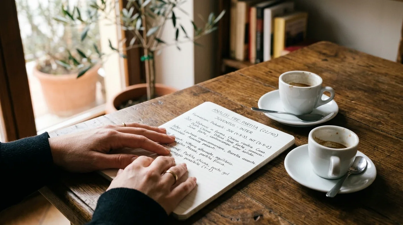 Mani appoggiate a un foglio di analisi pre-scommessa con una tazza di caffè accanto