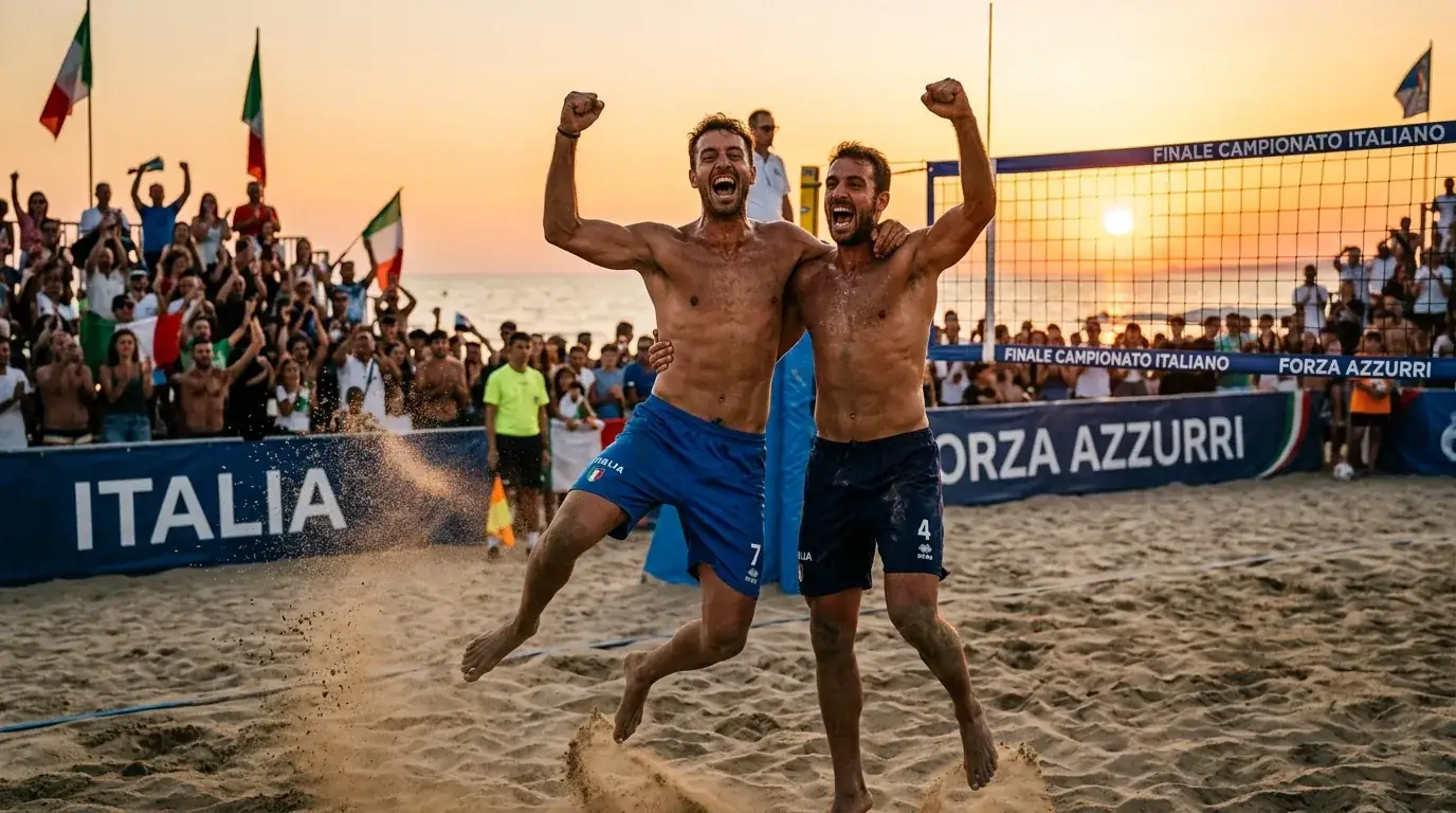Coppia di beach volley esulta dopo un punto decisivo in una finale internazionale