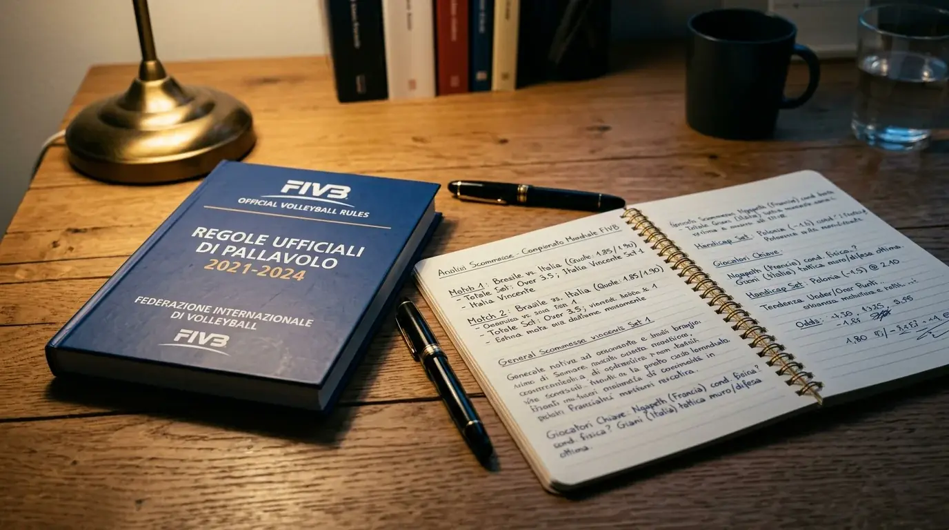 Documento del regolamento FIVB accanto a un quaderno di analisi sulle scommesse