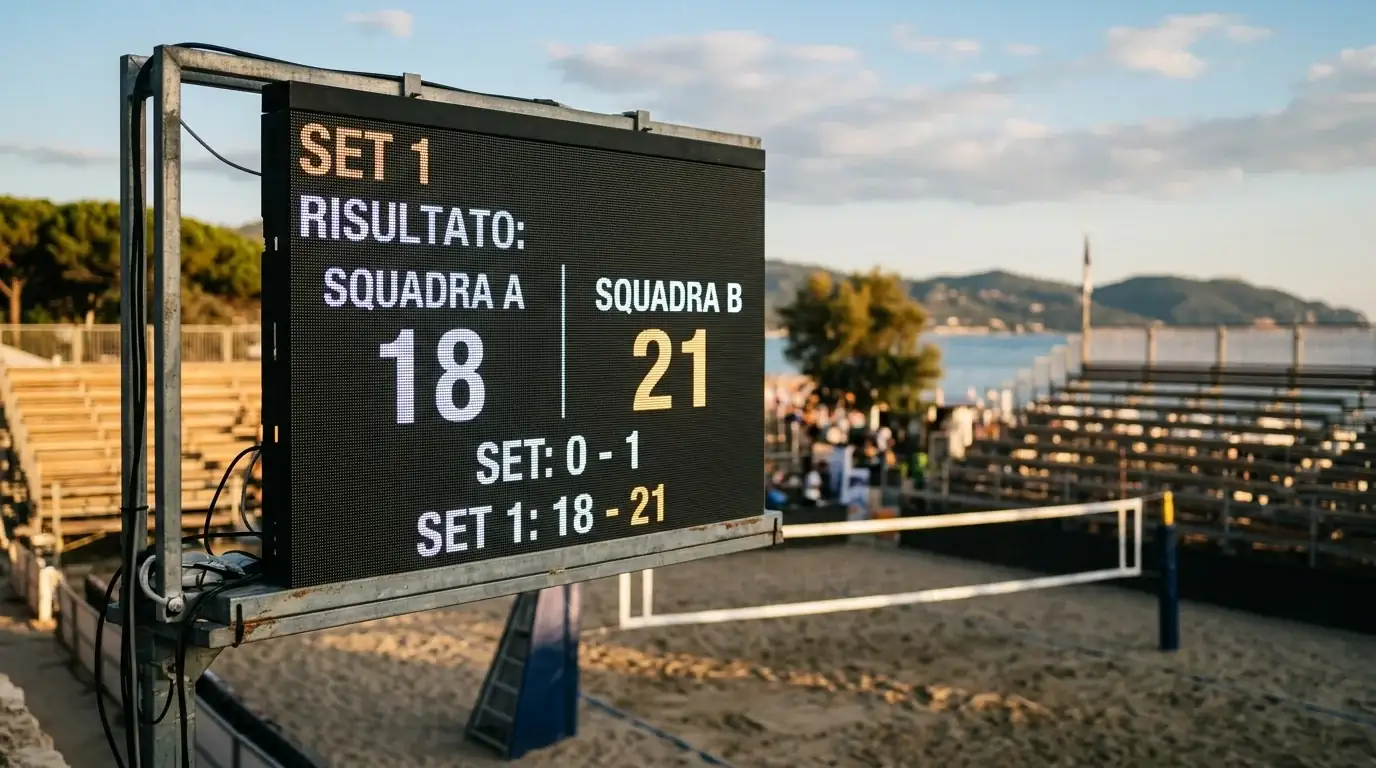 Tabellone elettronico mostra il punteggio di un set di beach volley durante una tappa Elite16