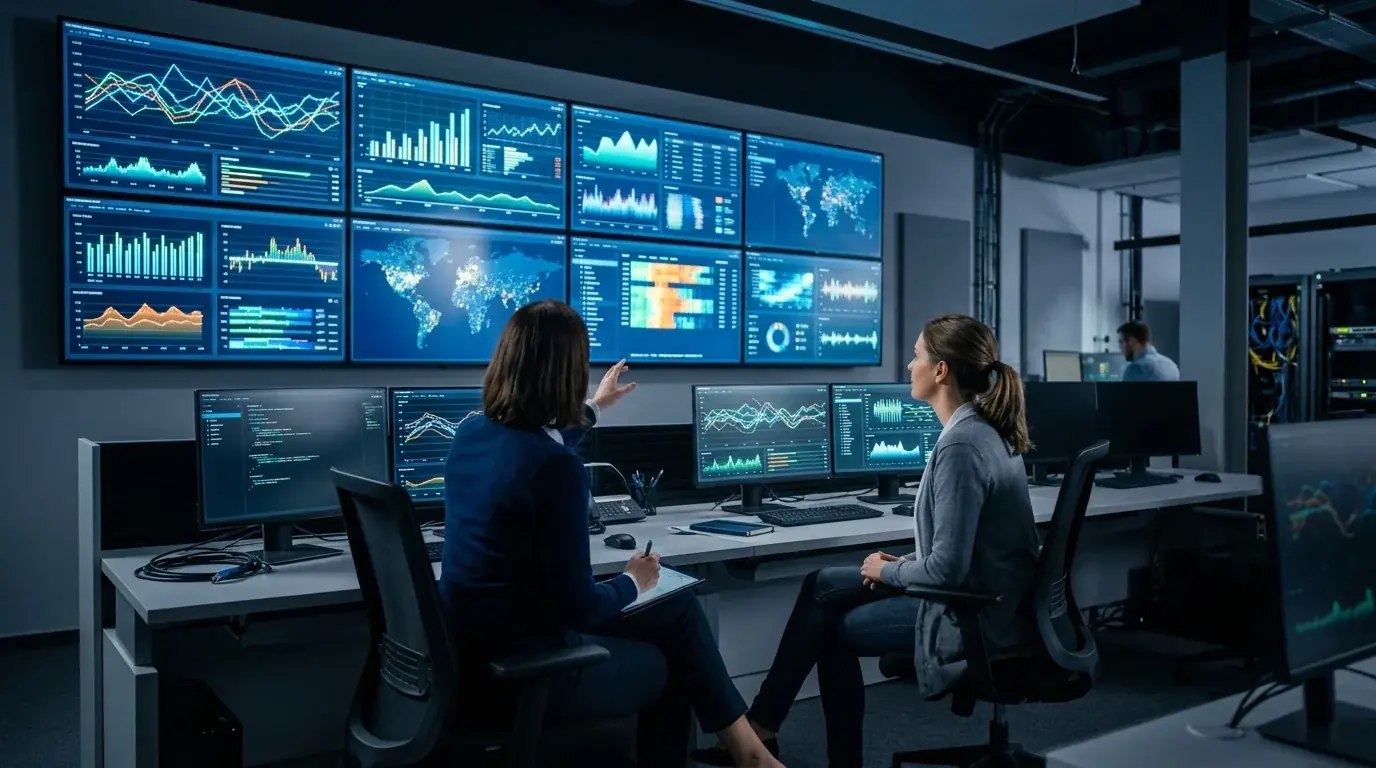 Centro di monitoraggio dati con schermi che mostrano flussi di scommesse sportive