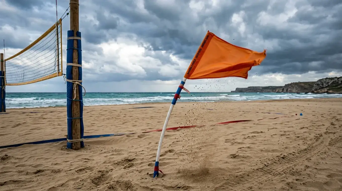 Bandiere e vento sopra un campo da beach volley durante una tappa internazionale