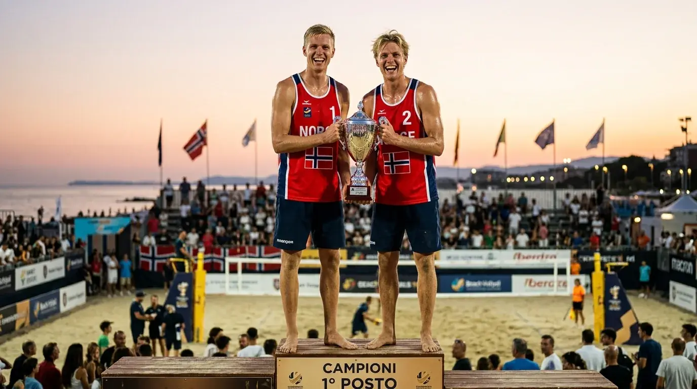 Coppia maschile di beach volley con la maglia della Norvegia durante una premiazione