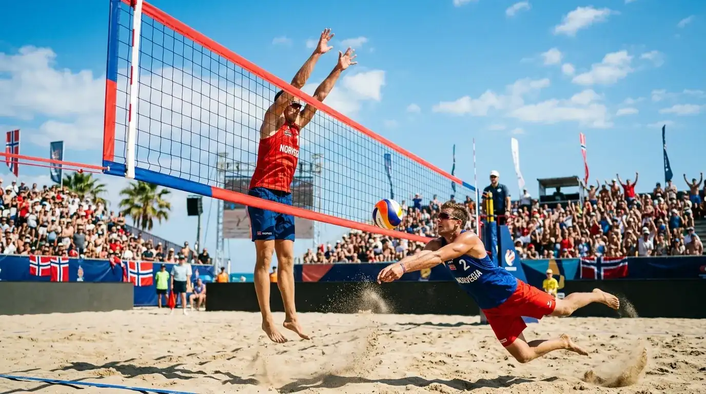 Coppia norvegese in azione sul campo di beach volley in una tappa Elite16