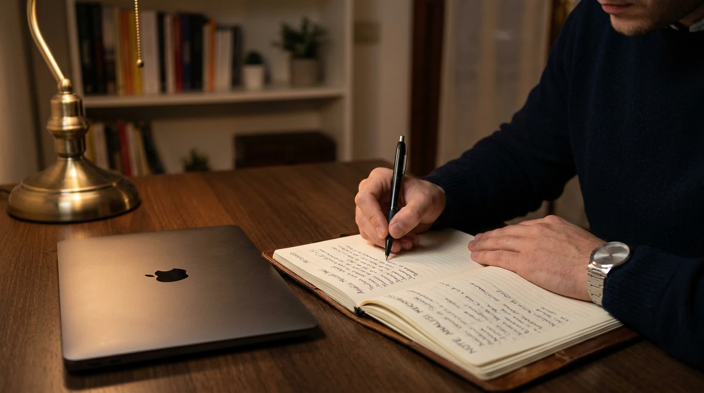 Mano scrive note di analisi su un quaderno accanto a un computer portatile