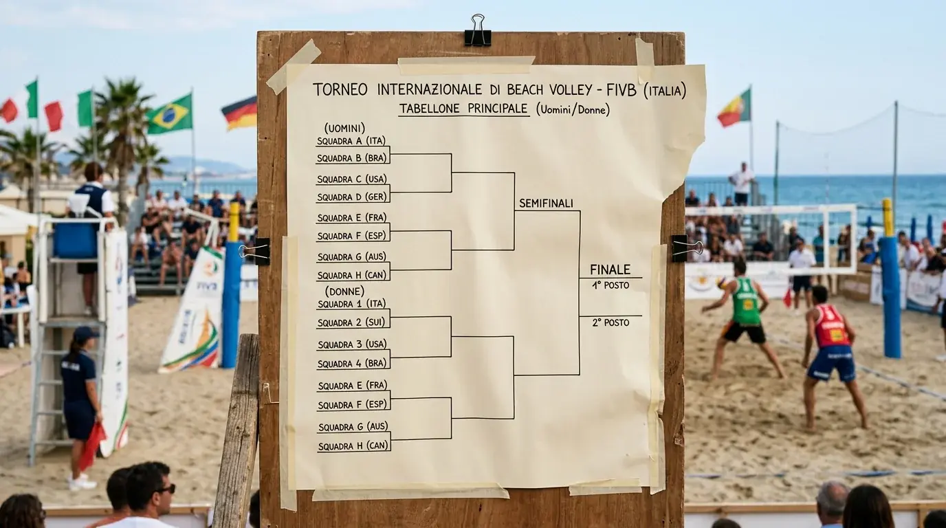Tabellone di un torneo di beach volley appeso vicino al campo principale
