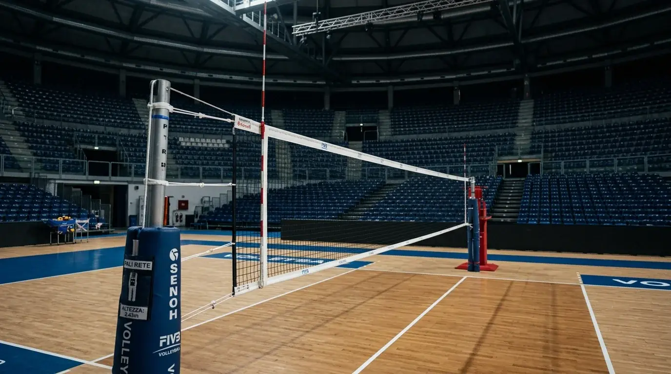 Rete da volley in stadio con seggi vuoti prima dell'inizio del torneo