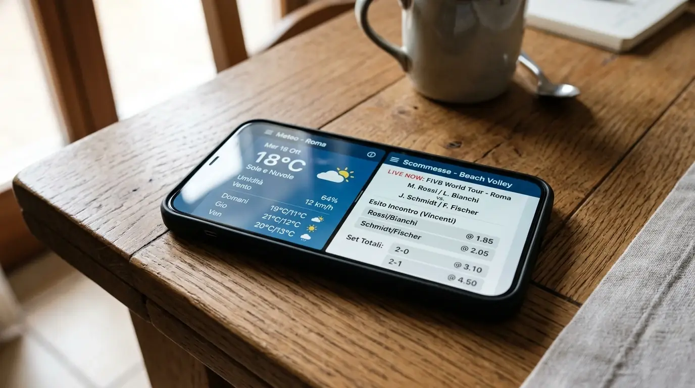 Smartphone mostra previsioni meteo accanto al palinsesto di una tappa beach volley