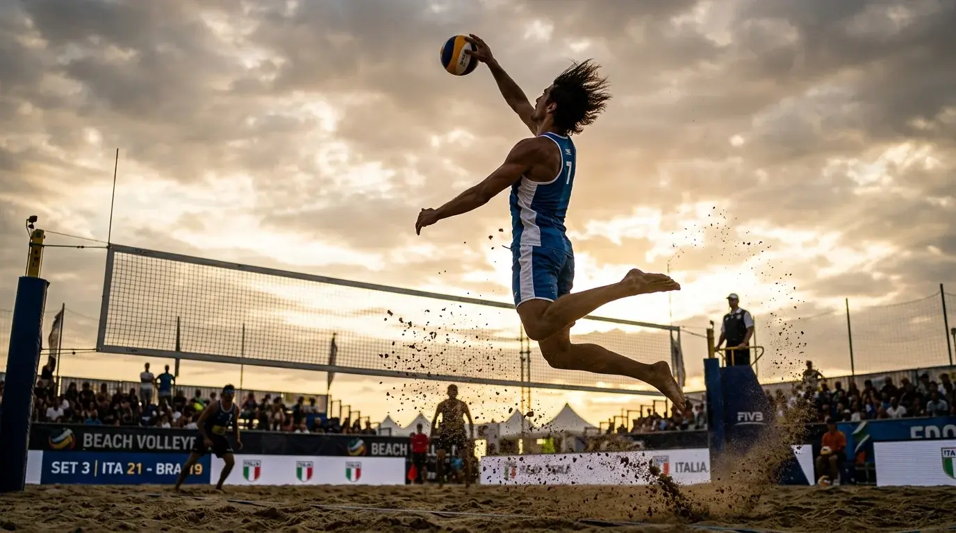 Atleta di beach volley in attacco mentre il vento muove i capelli e la sabbia